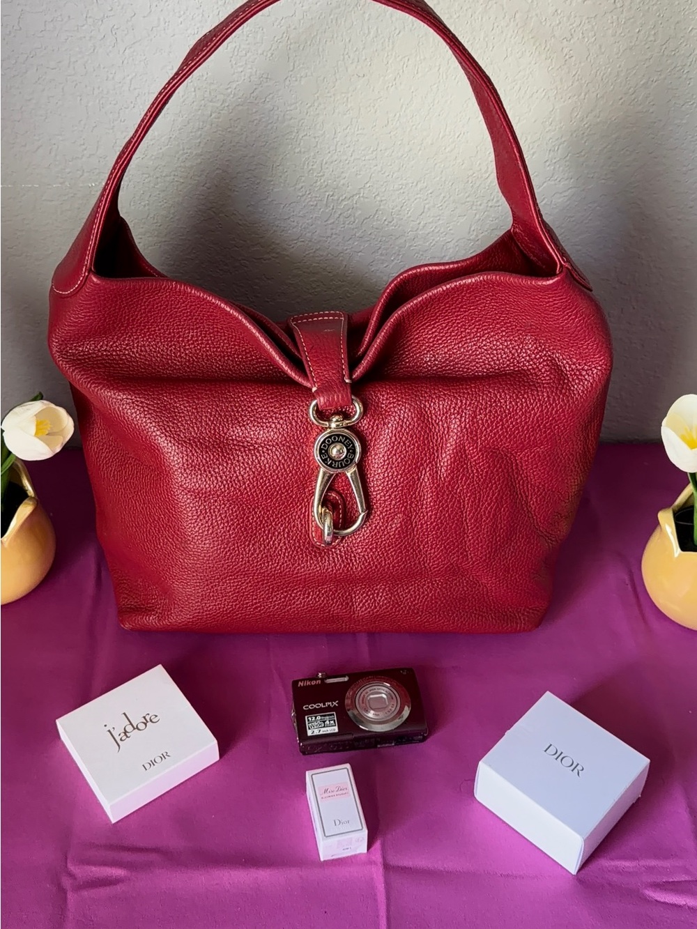 Red Leather Shoulder Bag with Decorative Clasp